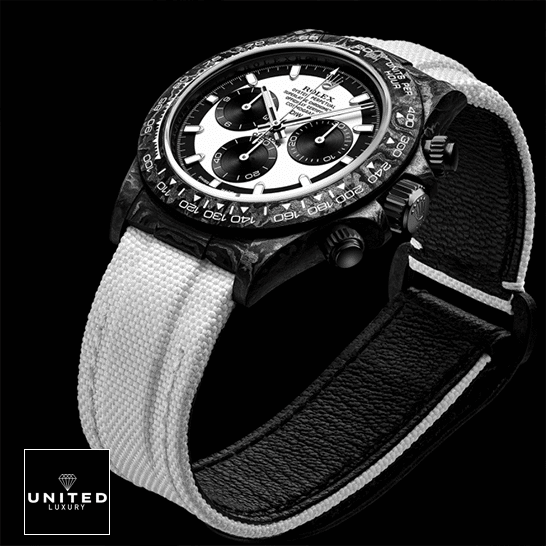 Rolex Daytona Carbon Cosmograph Cream Dial 4130CR Replica 5 Rolex Daytona Carbon Cream Textile Bracelet White Dial Replica Black Background
