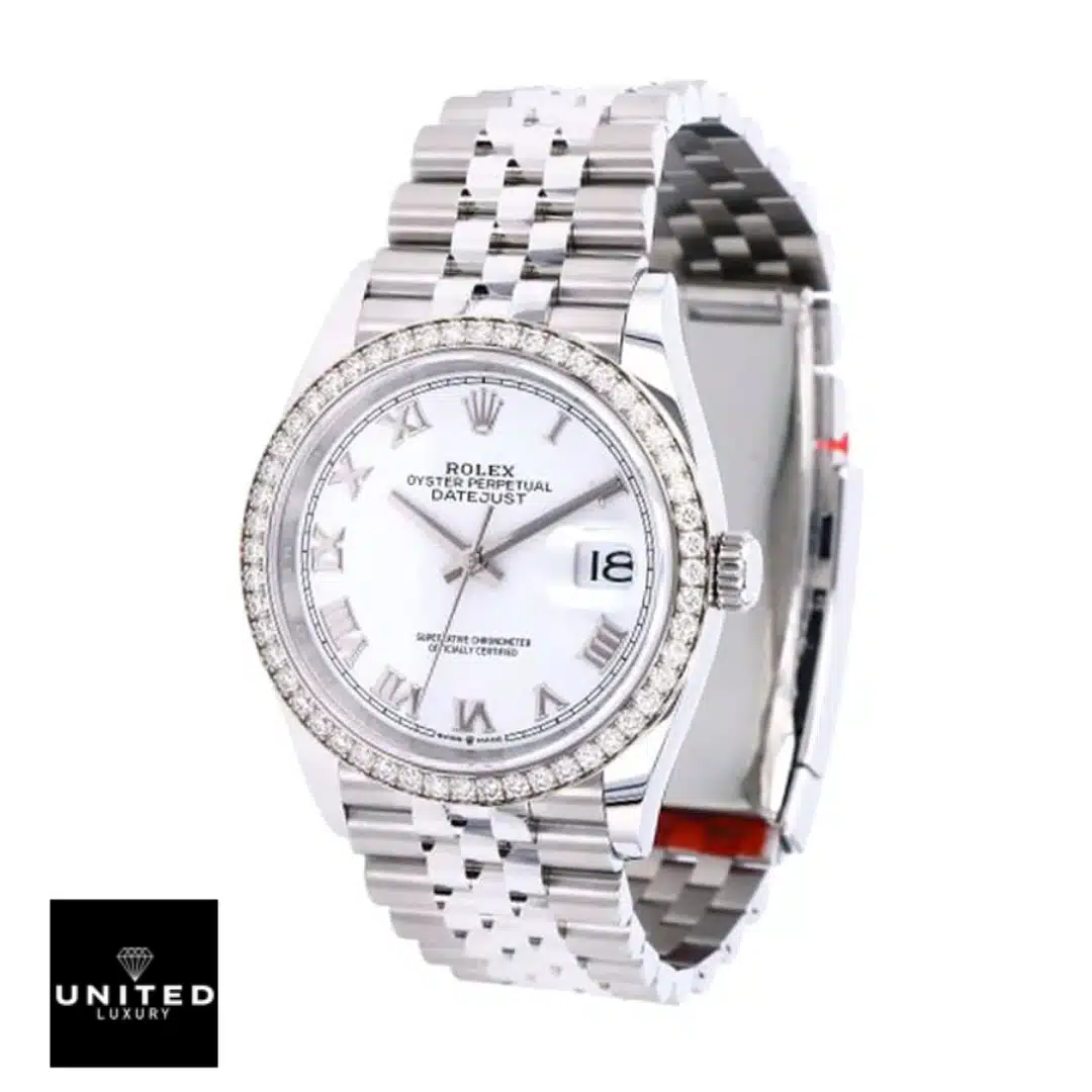 Rolex Datejust 36 126284RBR-0018 White Roman Dial Jubilee Replica 1 Rolex datejust with white background standing on its side