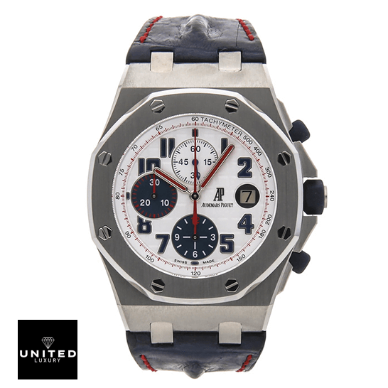 Royal Oak Tour Auto Replica 6 Ap Royal Oak 26208ST.OO_.D305CR.01 White Dial Blue Rubber Bracelet Replica front view