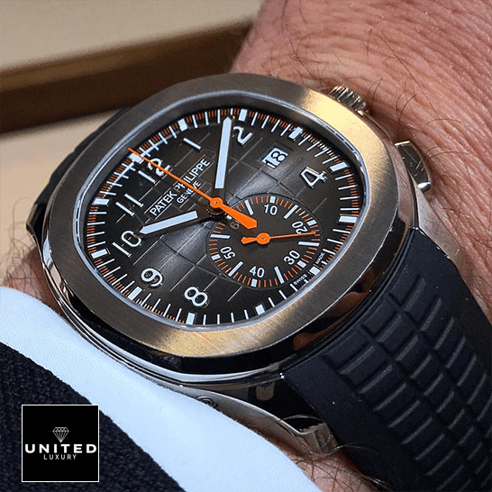 Patek Philippe Black Replica 1 Patek Philippe Aquanaut 5968A001 Black Dial Replica on the man wrist