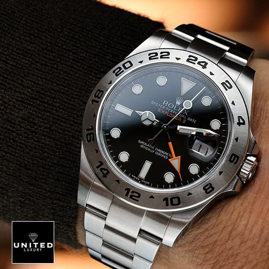 Rolex 216570 Black Replica 3 Rolex Explorer II 216570-0001 Stainless Steel Bezel Replica on his arm