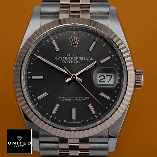 Datejust 126231 Replica 4 Rolex Datejust 126231 Steel Gold Grey Dial Replica orange background