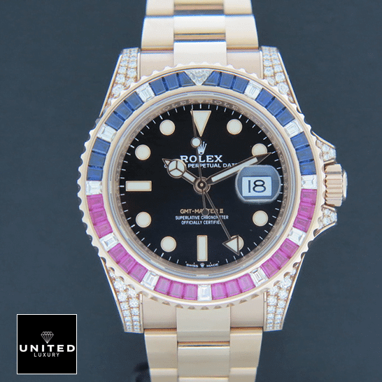 Rolex GMT-Master II 126755SARU Diamond Bezel Black Dial Replica 5 Rolex GMT-Master II 126755SARU Replica dial is black with stick and dot indices
