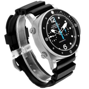 The Panerai Submersible watch is shown at an oblique angle, highlighti